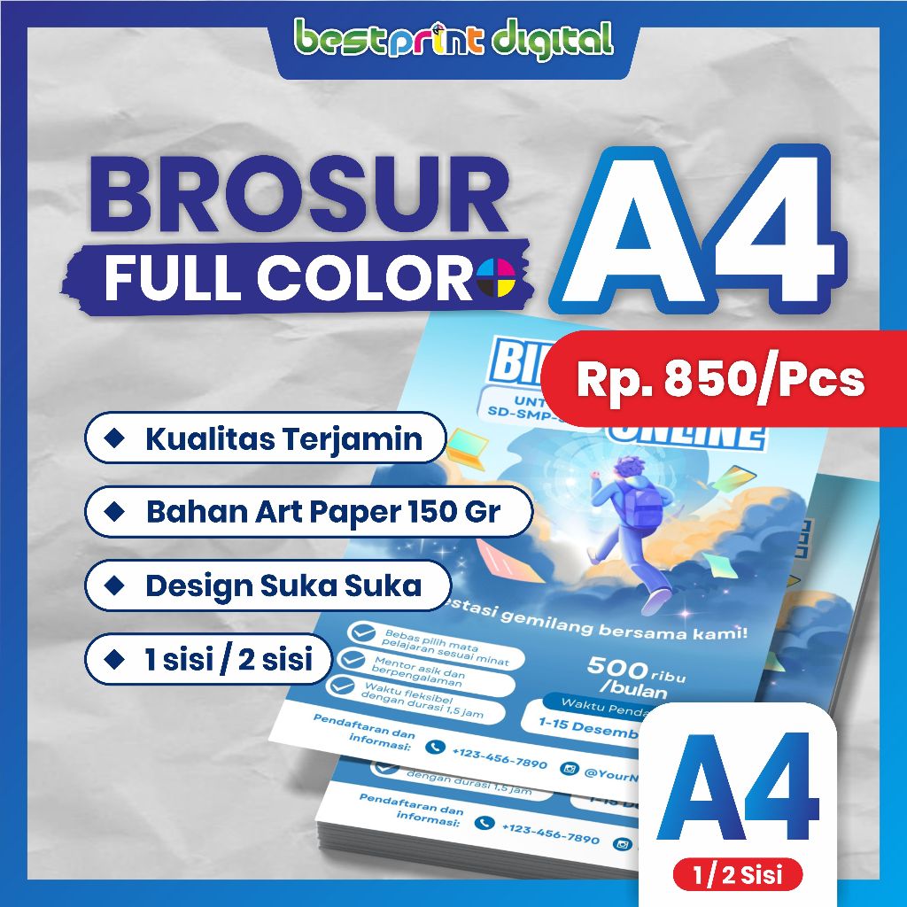 

CETAK BROSUR A4 / ART PAPER 150GSM BERKUALITAS, MURAH, WARNA TAJAM - TINGGAL KIRIM, LANGSUNG JADI !