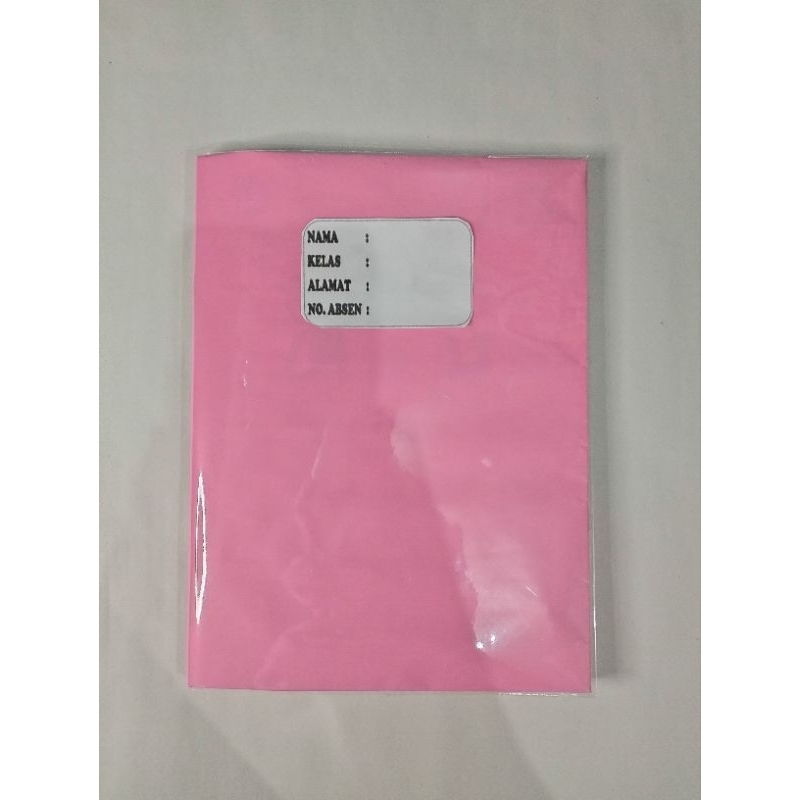 

buku tulis sudah disampul sukung warna merah muda (pink) dan sampul plastik