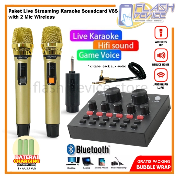 Paket Live Streaming Karaoke Soundcard V8S with 2 Microphone Wireless