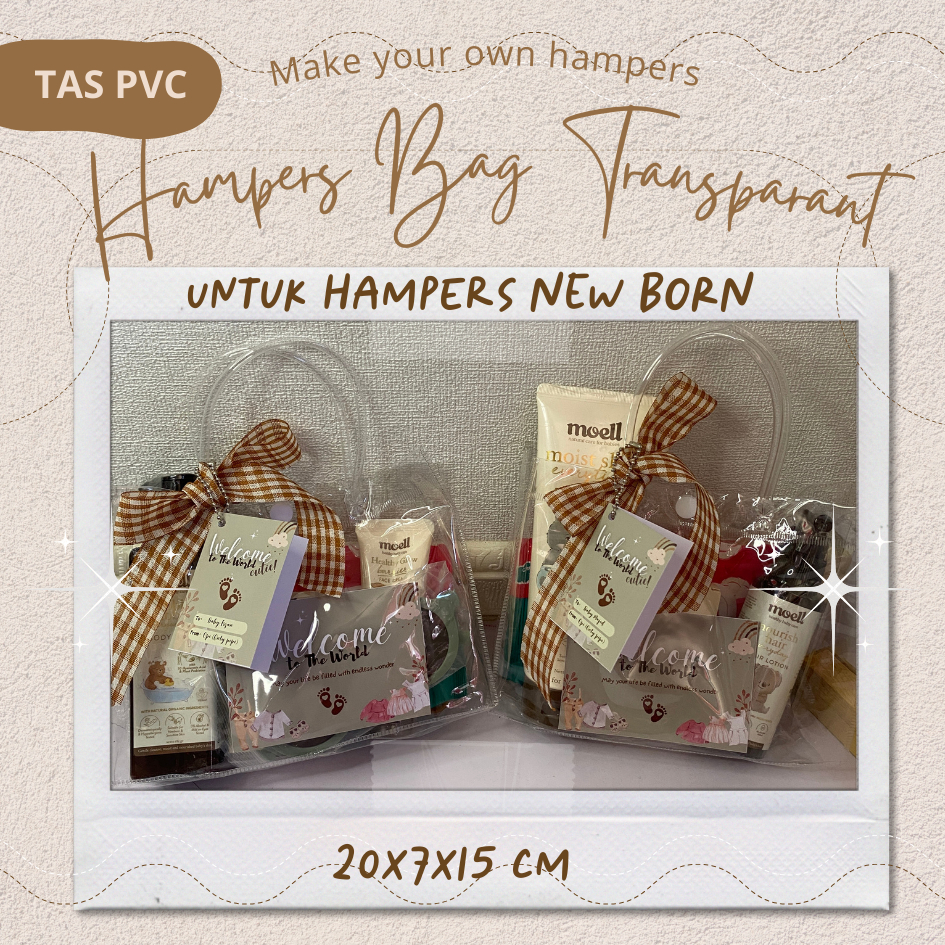 

SetPackaging Hampers Perayaan Baby Born dengan Tas Mika PVC transparant untuk hampers bag New Born | ukuran 20x7x15cm | Set GitfPackaging |includE RIBON PITA KOTAK, kartu ucapan dan hangtag, |ide gift packaging untuk gift baby newborn terlihat lebih mewah