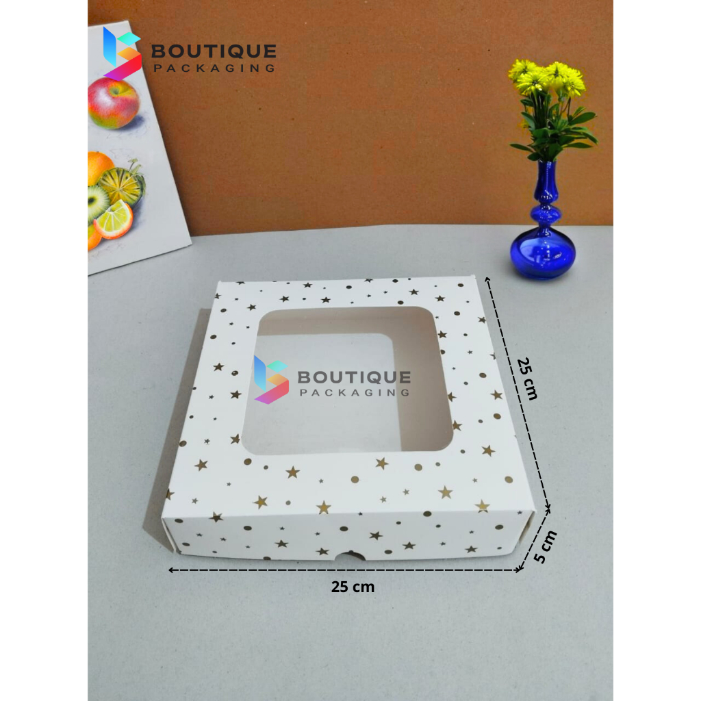 

Fuji Box Dus kotak Kue Ivory Polkadot Bintang Emas 25 cm x 25 cm x 5 cm Putih Ivory Premium Jendela ( 10 pcs )