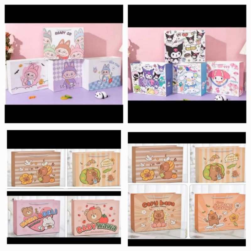 

Paper Bag Tali Premium Bahan Tebal Labubu SNR / Goodie Bag / Hand Bag Vertikal Horizontal sanrio capybara bear