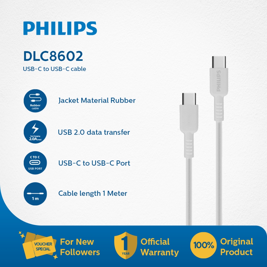 Philips DLC8602 USB-C to C Cable Charge 2.0 Data Transfer 1M