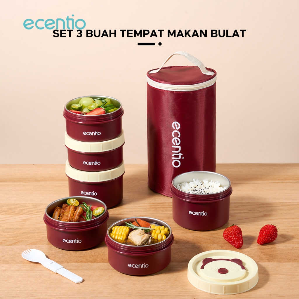 [grosir] ecentio lunch box 304 stainless steel tempat makan set kotak makan siang tiga tingkat merah