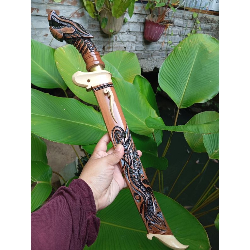 Pisau Sembelih Hewan Qurban Ukiran Naga - Bilah Baja Per, Sarung & Gagang Kayu Ukir