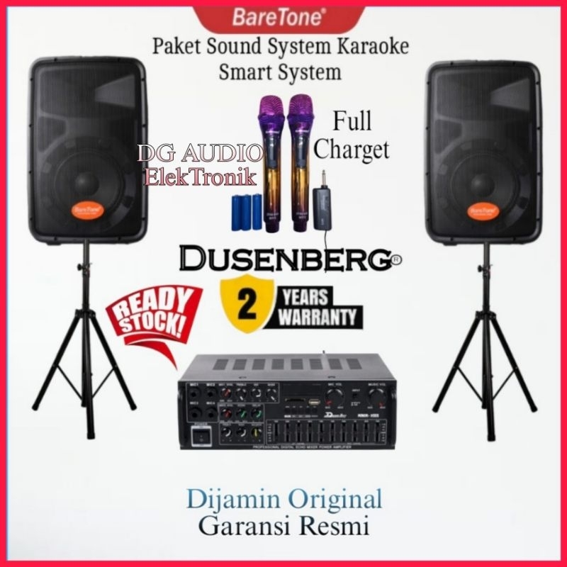 Paket Sound System Karaoke Speaker 8" Inch BareTone Original Amplifier Bluetooth Mic 2 Wireless Gara