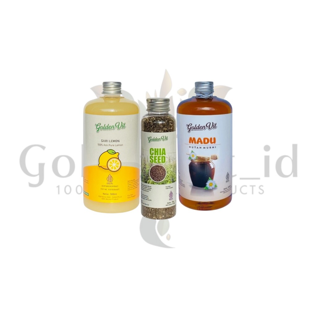

Goldenvit Paket Hemat 3in1 + Free Gelas Takar Sari Lemon 500ml , Madu Hutan 500ml , Chiaseed 70g