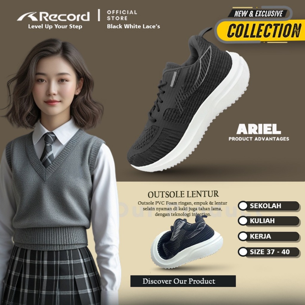 ARIEL SEPATU SEKOLAH ANAK SMP - KERJA REMAJA/WANITA HITAM/PUTIH FASHION/KASUAL/OLAHRAGA 37-40 IMPORT