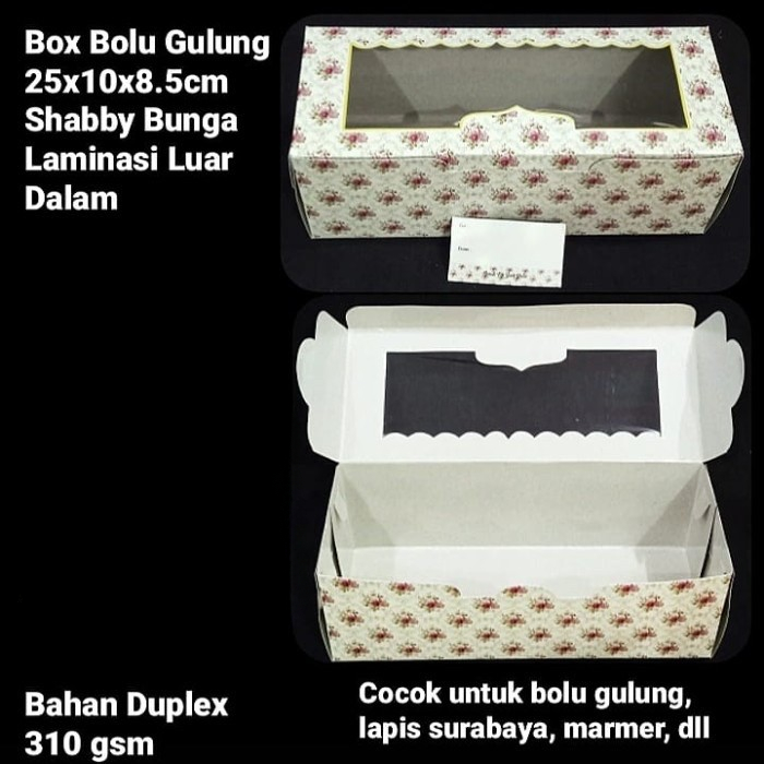 

Box Bolu Gulung Dus Motif Shabby Bunga Laminasi Luar Dalam 25x10x8.5cm