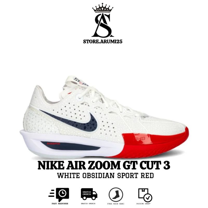 Sepatu Basket N.K.Air Zoom GT Cut 3 White Obsidian Sport Red