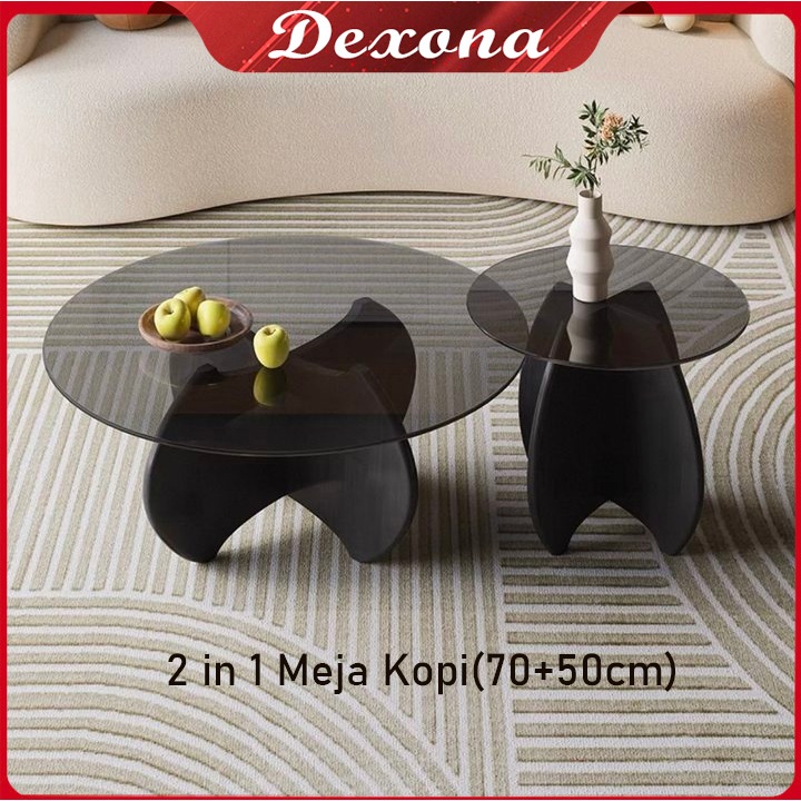 ⭐70+50cm⭐2 in 1 Meja Kopi Sederhana, Meja Kopi Kaca Tempered, Meja Bundar Kecil, Meja Ruang Tamu Est