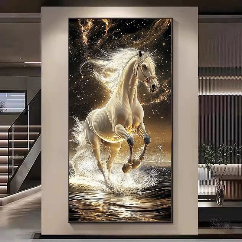 Lukisan Porcelain 5D Diamond Motif Kuda Pajangan Dinding Porselen 5 Dimensi Kuda Fengshui Mewah