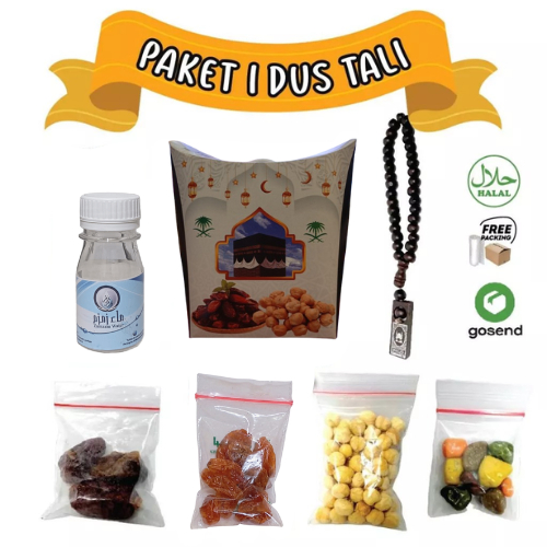

Oleh Oleh Haji/Umroh 1 Pcs Paket I Dus Tali, Botol+Air zam zam, Kurma, Kacang, Kismis, Tasbih, Cokil
