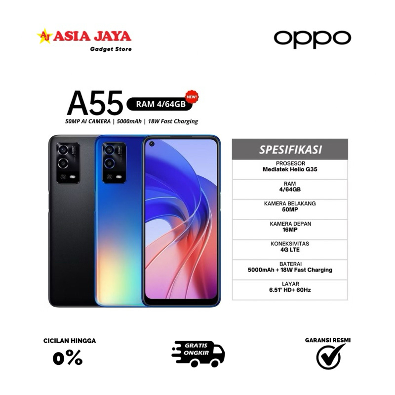 [EX DISPLAY] OPPO A55 RAM 4/64GB Kamera AI 50MP 5000mAh Baterai Tahan Lama Layar Punch Hole 6.51'' K