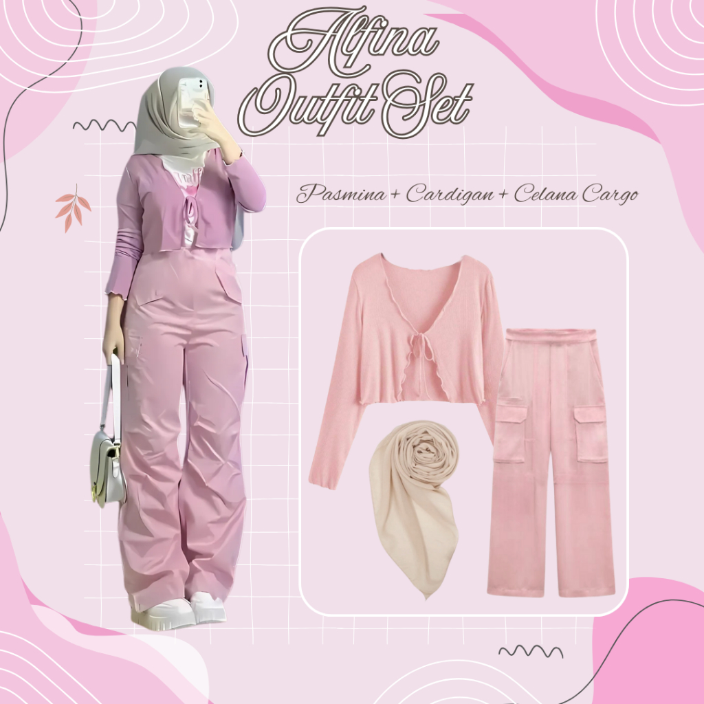 Setelan Alfina Outfit Style(Pasmina + Cardigan + Celana Cargo)one set 3 in 1 set korean style Casual