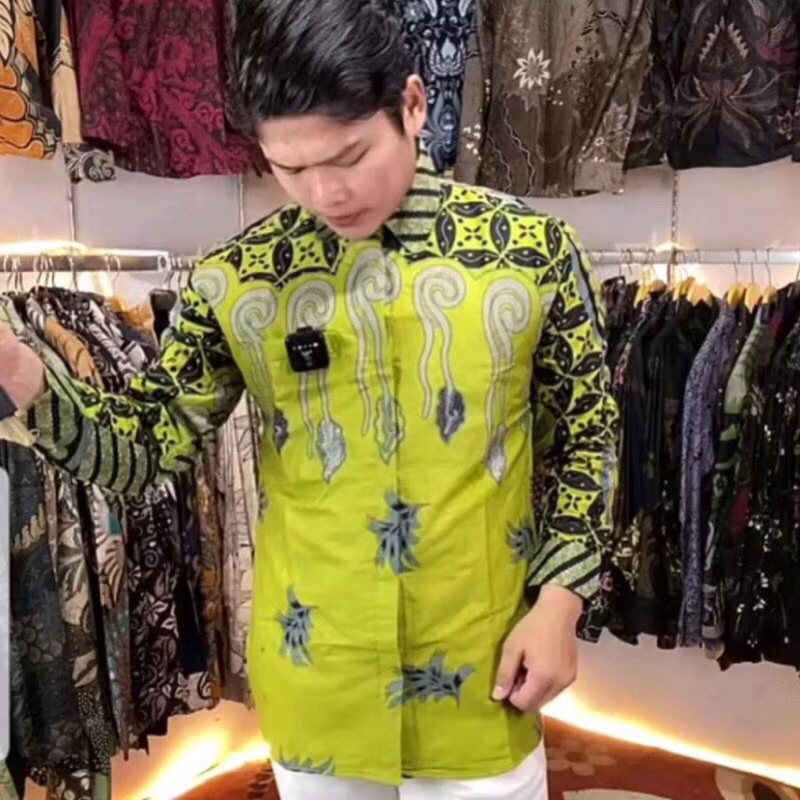 BATIK KRISNA HIJAU LIME LEMON kemeja batik pria slimfit lengan panjng pendek  bahan katun prima prem