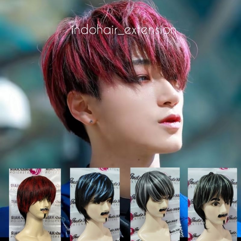 WIG PRIA KOREA RAMBUT PENDEK MODEL HIGHLIGHT HITAM MERAH BIRU PUTIH BLONDE GREY