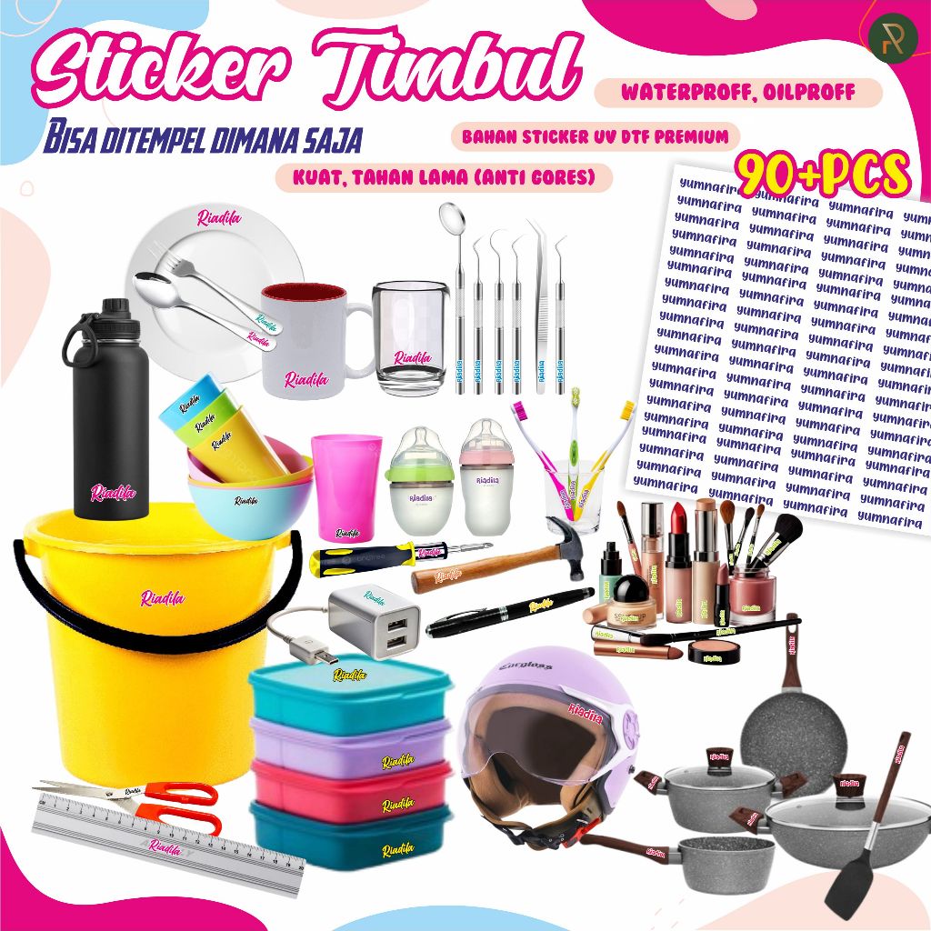 

90+ pcs Sticker Timbul/Sticker UV DTF/Sticker Barang Waterproff Oilproff Anti Gores Tahan Panas