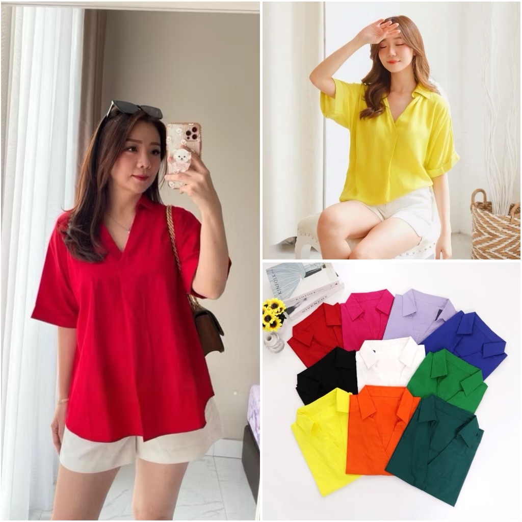 [Deirly] Daisy V-Neck Blouse Casual Lengan Pendek Wanita Cotton Poplin
