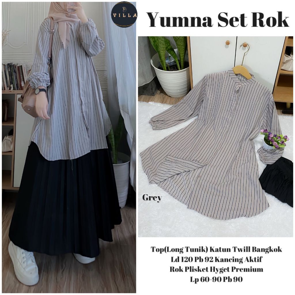 YUMNA SET ROK ORIGINAL VILLA SETELAN PEREMPUAN MOTIF GARIS ATASAN LONG TUNIK KATUN TWILL BANGKOK ROK