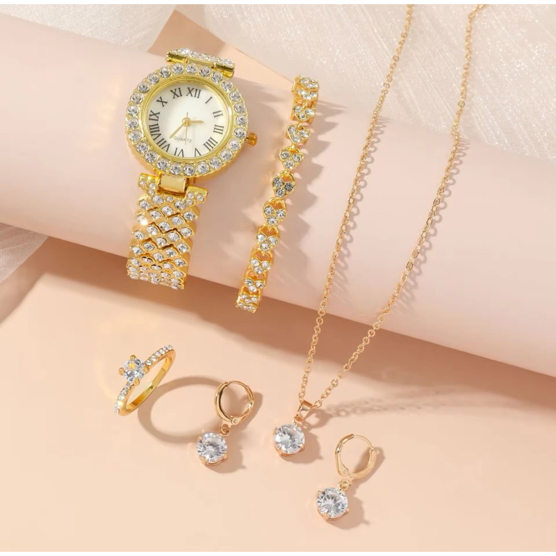 Isi 5pc / 2pc Set Jam Tangan Wanita Gelang Perhiasan Aksesoris Analog Gift Set Tanpa Box