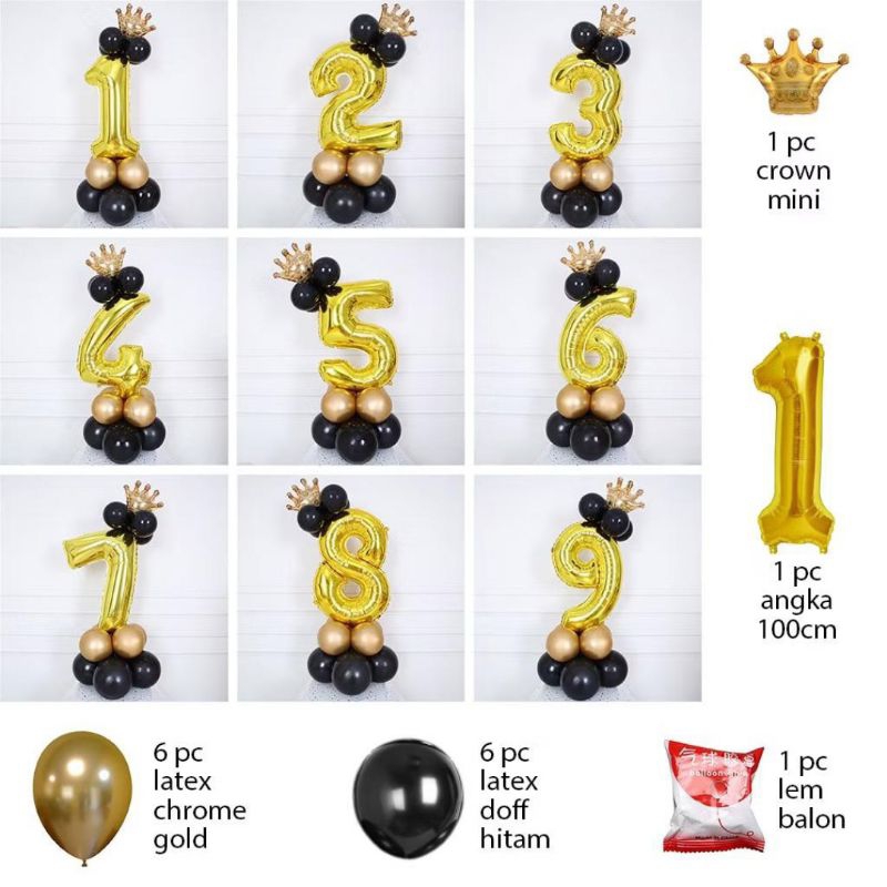 Paket standing balon angka gold 80cm mahkota paket balon angka jumbo crown mini balon angka ulang ta