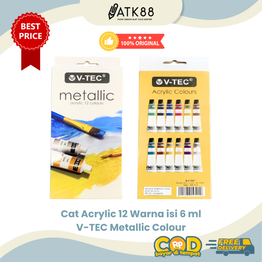 

[ATK88] Cat Acrylic Metallic Colour 12 Warna / V-Tec 612 Cat Akrilik Warna Metallic