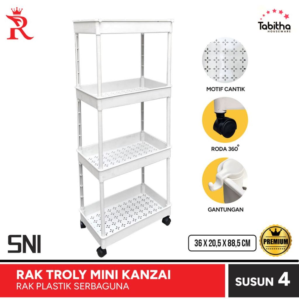 Rak Troli Plastik Putih Rak Mini Susun 4 Roda Kanzai