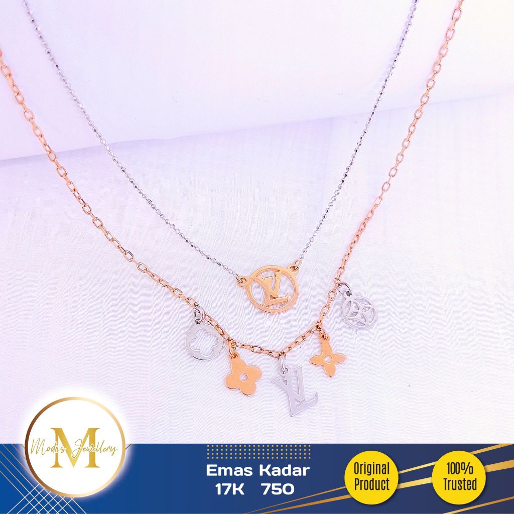 MODIS JEWELLERY - Kalung 2 Layer Clover Italy Kombinasi Putih Rosegold - Emas 17k 750