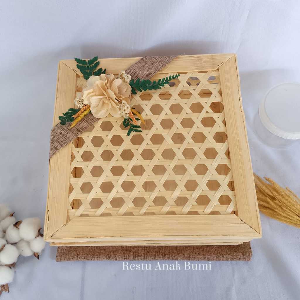 box hampers wadah parsel  Motif Hexsagonal Besar 25x25cm rantang bambu | tanpa hendel | pita pojok |