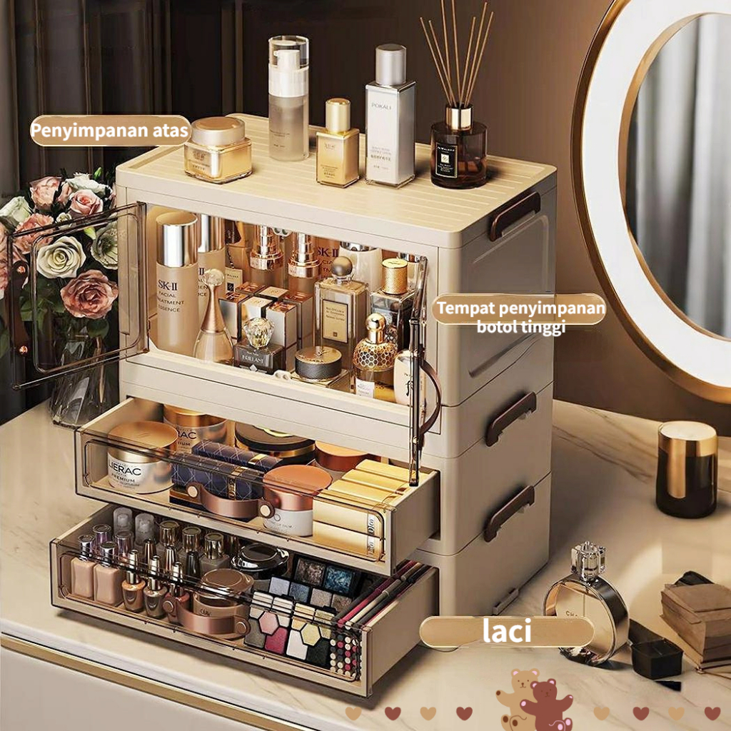kotak penyimpanan  kosmetik desktop tahan debu dengan laci,  rak penyimpanan masker,  kuas makeup, m