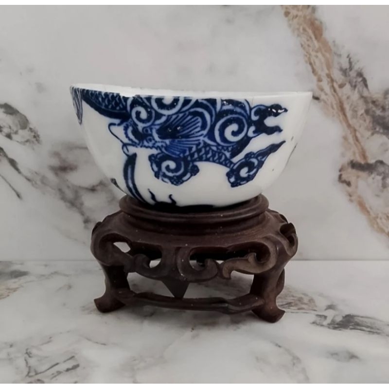 Mangkok keramik antik motif naga dan ikan lukis minus