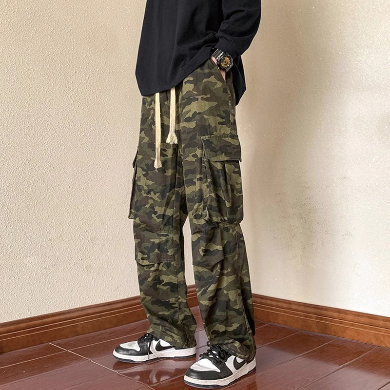 Celana cargo pria hijau army panjang Korean style baggy pants fashion mid waist casual unisex pants