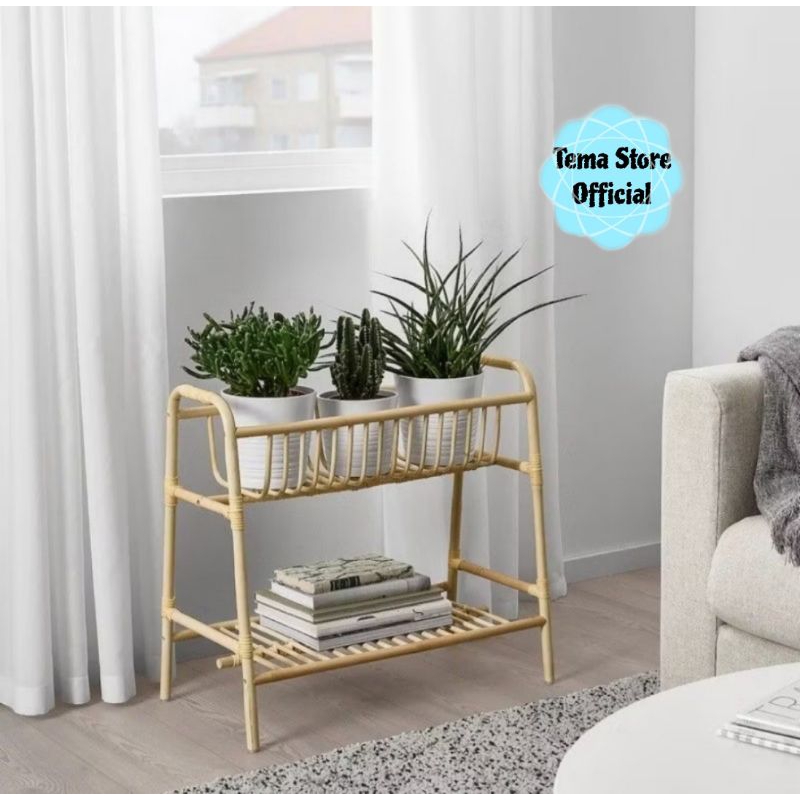 Standing pot rotan alami / Rak susun serbaguna / stand tanaman 2 susun