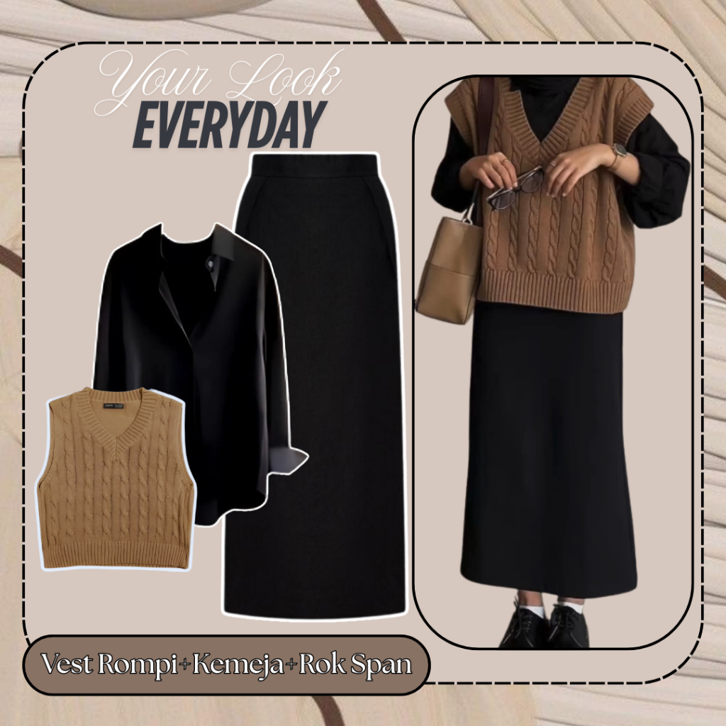 Baju One Set Korean Style Casual (Vest Rajut+Kemeja+Rok Span) Outfit Skena Cewe - PR41
