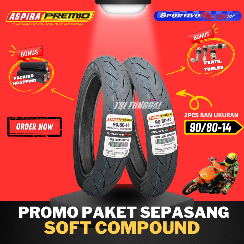 [PAKET MURAH SEPASANG] BAN ASPIRA PREMIO SPORTIVO RS01 RING 14  TUBELESS SOFT COMPOUND ( 90/80-14 ) 