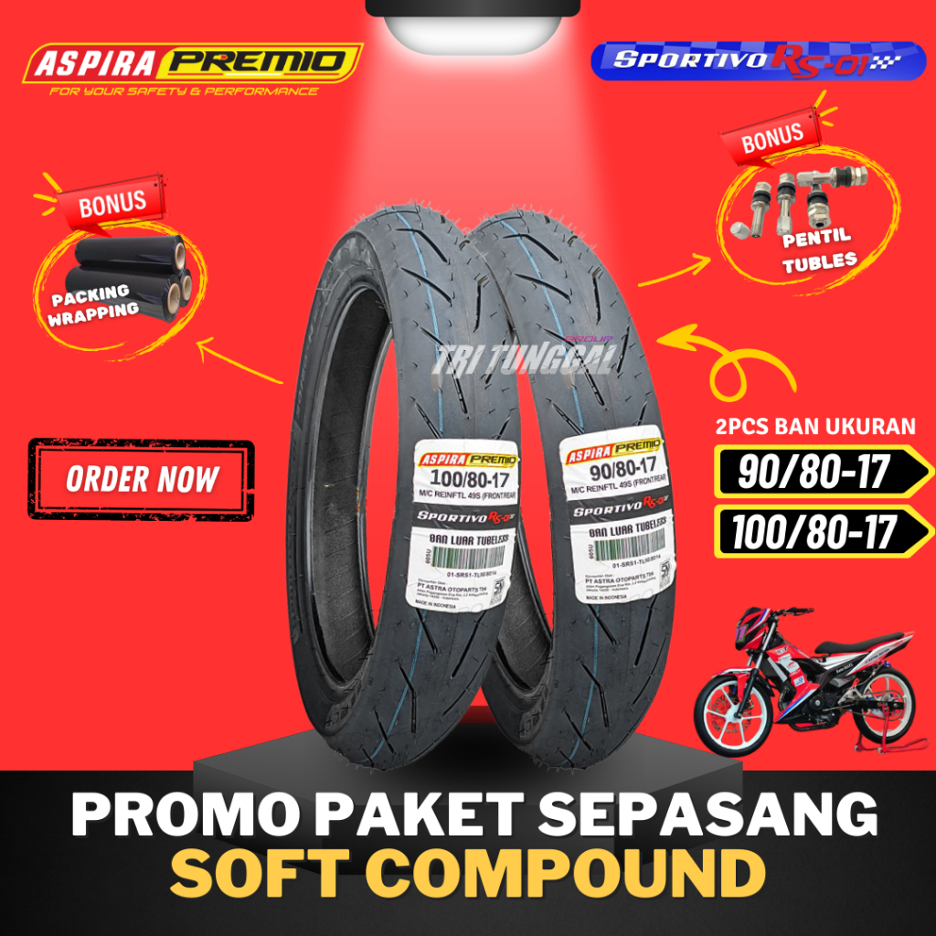 [PAKET MURAH SEPASANG] BAN ASPIRA PREMIO SPORTIVO RS01 RING 17  TUBELESS SOFT COMPOUND ( 90/80-17 + 