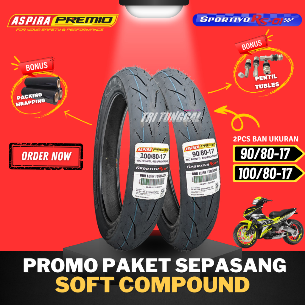 [SEPASANG 2BAN] BAN ASPIRA PREMIO SPORTIVO RS01 RING 17  TUBELESS SOFT COMPOUND ( 90/80-17 + 100/80-