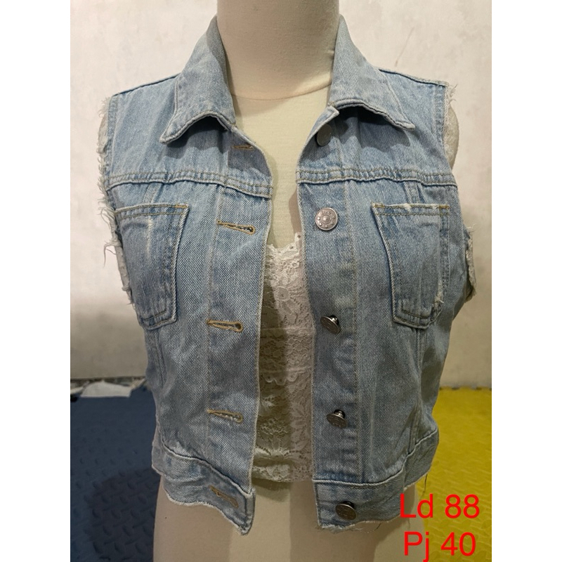 Blue bear vest crop denim vest jeans rompi jeans wanita size S