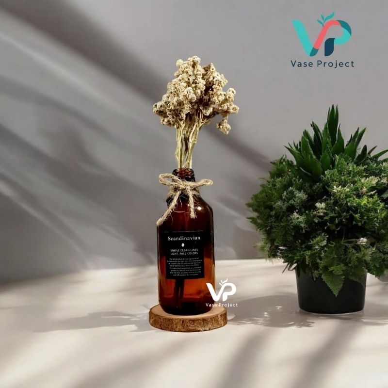 Paket Vas Bunga Botol Kaca  Dan Tatakan Kayu | Vas Kaca Estetik | Pot Tanaman Air | Vas Bunga Artifi