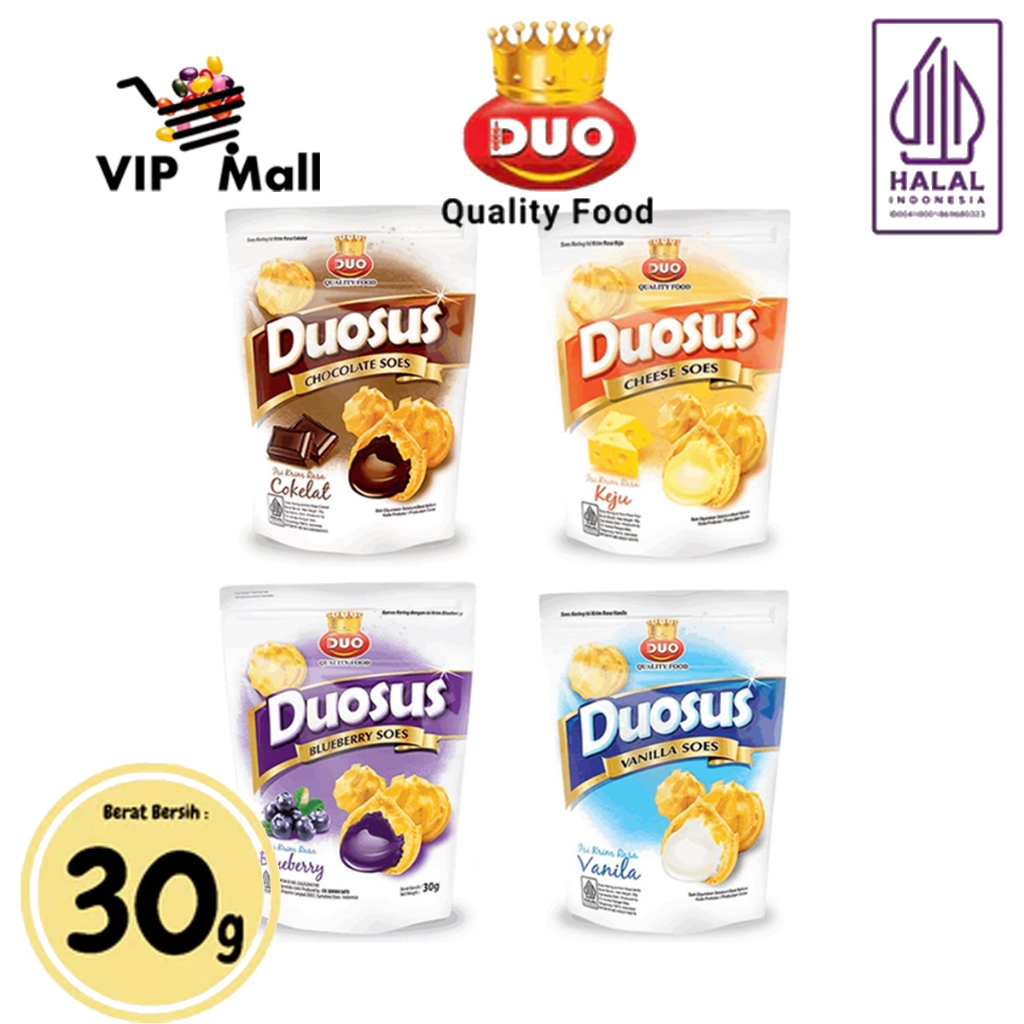

Duo Duosus Kue Sus Kering Isi Krim Cokelat / Vanilla / Blueberry / Keju - Netto 30gr Snack Cemilan Anak Murah