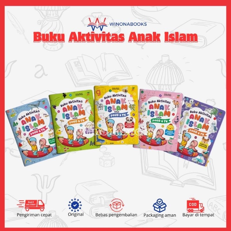 BUKU AKTIVITAS ANAK ISLAM untuk PAUD & TK : 1 paket berisi 5 tema, yakni membaca, menulis, mewarnai,