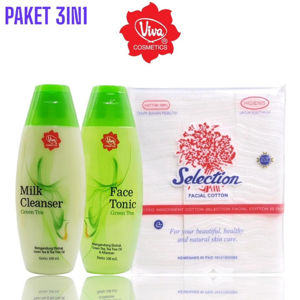 Paket Viva Cosmetics Pembersih Wajah Face Tonic & Milk Cleanser Greentea Free Kapas