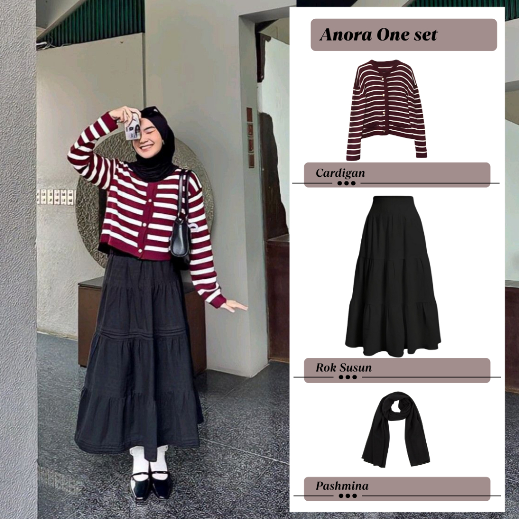 Anora One Set Wanita Cardigan Stripe Rok Susun Hitam Pashmina Casual  Simple Daily Ootd Kampus