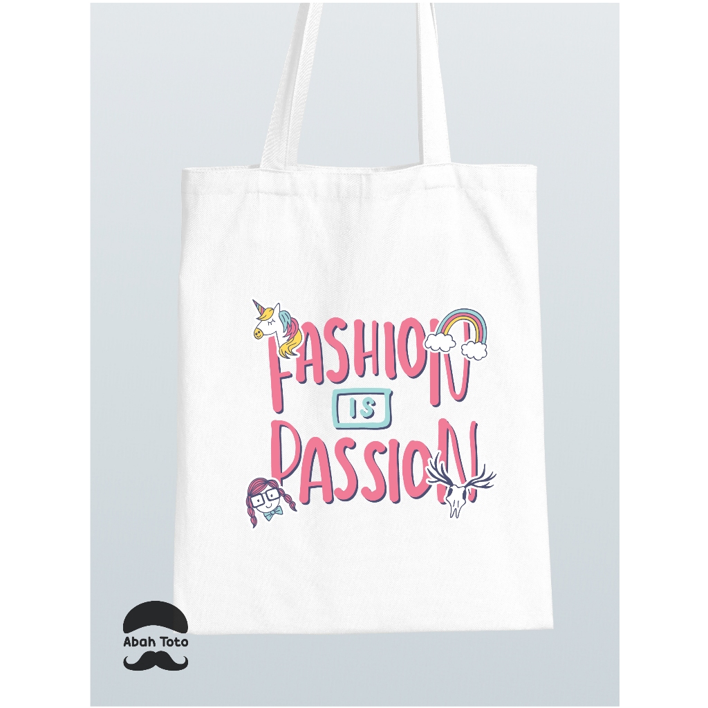 Tas Totebag Wanita Kanvas Blacu Premium Tebal Putih Gambar Quotes Fashion Is Passion
