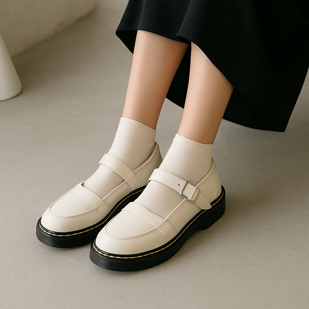 Loafers Cream BIG SIZE 45 44 43 42 41 40  Sepatu Wanita Docmart Mary Jones Tali Gesper