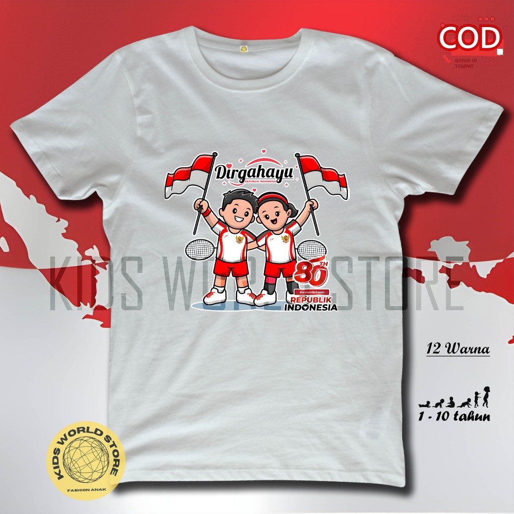 KIDS WORLD STORE Kaos Anak 1-10th Gambar HUTRI 80TH LOMBA BATMINTON ANAK/ kaos 17 agustusan anak ter