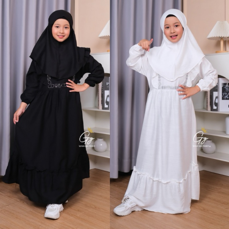 Gamis hitam putih polo linen mix swaroski 3-12 tahun / pakaian anak perempuan / pakain gamis anak pe
