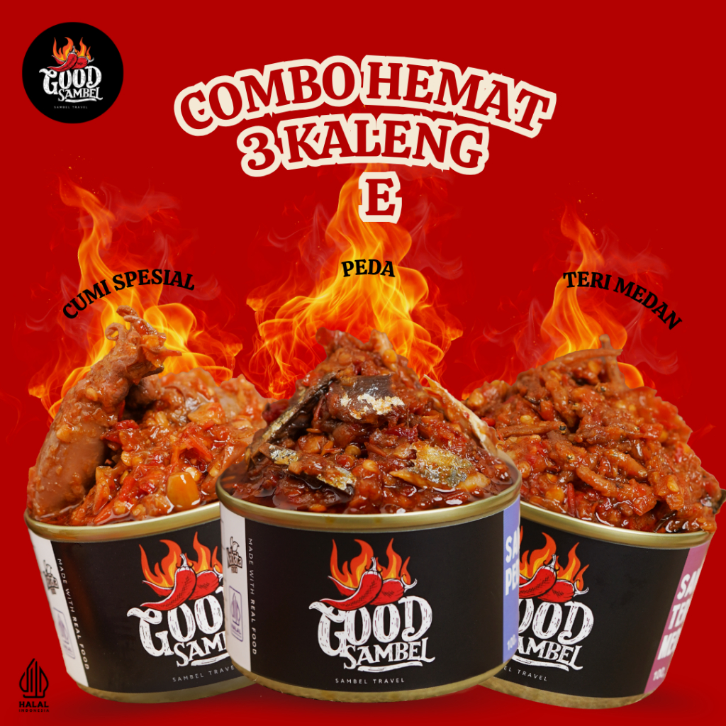 

Combo Hemat 3 Kaleng Paket E Sambal Cumi Spesial, Peda, Teri medan Good Sambel 100g Pedas Halal