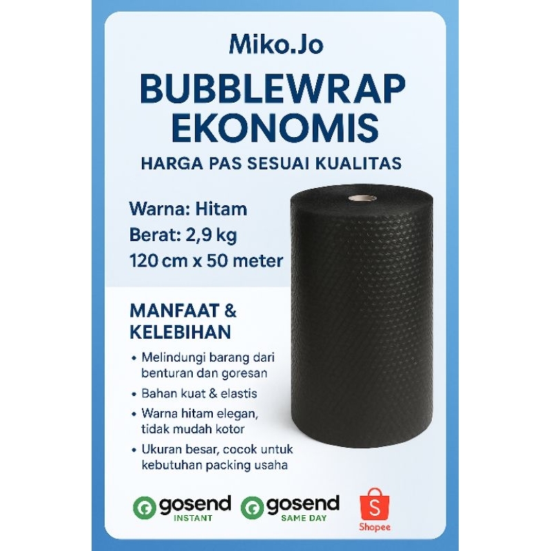 

Bubblewrap Hitam – Ekonomis dan Kuat | 120 cm x 50 meter | Berat 2,9 kg